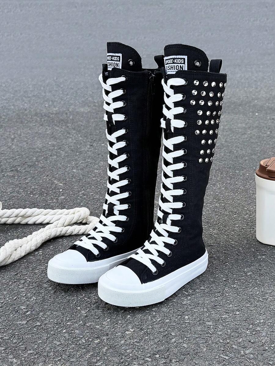 OPOEE Canvas Shoes, Mid-Top Sneakers For Children, Spring/Autumn, Korean Style, Unisex, Fashionable Low-Top, Casual Lace-Up Athletic Shoes, Classic High-Top Sneakers, All-Match Casual Sports Skateboard Shoes For Kids - 黑與白 - 查看 1