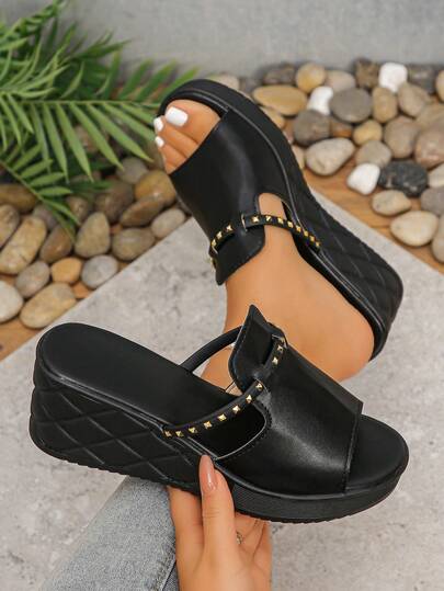 New Fashion Casual Comfortable Simple Increased Height Outdoor Party Versatile Black Rhinestone Elderly Mother Platform Wedge Sandals