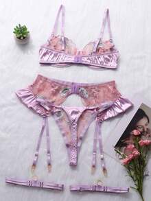 3件套性感女士刺绣网纱吊带背心内衣套装 - 淡紫色 - 查看 3