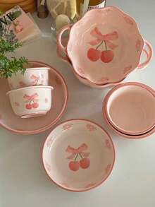 1pc High-Quality Pink Cherry Blossom Bow Ceramic Bowl, Cute Dinnerware Bowl, Large Capacity Bowl For Home Use - Multicolor - View 5