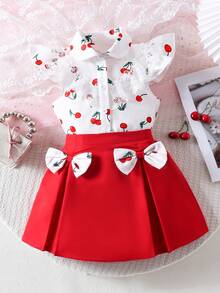 Young Girls Cherry Print Ruffle Collar Sleeveless Shirt And Bow Skirt Set, Summer - Red - View 1
