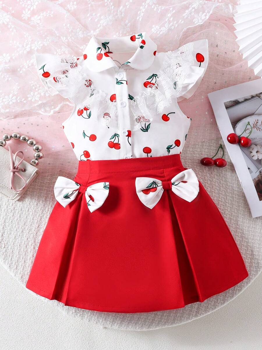 Young Girls Cherry Print Ruffle Collar Sleeveless Shirt And Bow Skirt Set, Summer - Red - View 1