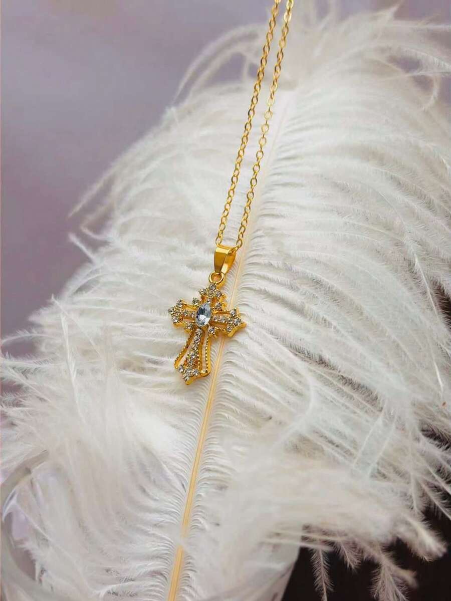 1 Piece Of Gold-Plated Cross Pendant Necklace Zirconia Cross Necklace Women's Gold Cross Necklace - Handmade Exquisite Faith Pendant Necklace, Valentine's Day Gift Anti-Allergy Jewelry Gift - One Size - View 1