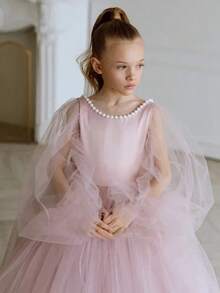 Tween Girl Deep V-Back Pearl Mesh Tulle Valentine's Day Party Princess Dress, Suitable For Teenage Girls Birthday Party, Flower Girl, Wedding, Prom, Holiday Occasion - Pink - View 3