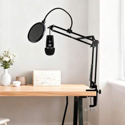 Adjustable Microphone Boom Arm Stand 29 Inch Reach, 180° Rotating Mic Arm With 3/8″ To 5/8″ & 1/4″ Screw, Pop Filter, Mic Clip & Cable Ties