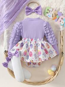 4件套女婴复活节休闲日常可爱紫色针织圆领英文印花泡泡袖长袖拼接针织印花连体衣，白色针织袜，紫色蝴蝶结发带，春秋季套装 - 淡紫色 - 查看 3