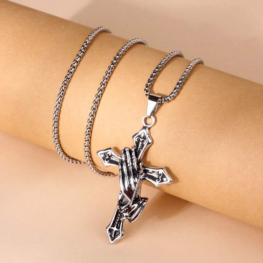 1PC Personalized Stainless Steel Praying Hand Necklace With Cross Charm Stylish Daily Accessory - Màu Đen Súng - Xem 1