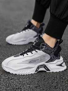 Men's Fashionable High-Top Thick-Soled Casual Shoes, Lace-Up College Style, Comfortable, Durable, Minimalist, Versatile - White and Black - View 2