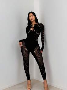 Women's Black Leopard Print Mesh Jumpsuit - Black - View 4