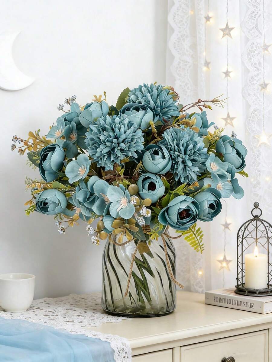 1pc Artificial Rose, Chrysanthemum & Mixed Flower Bouquet, Bridal Wedding Decor, DIY Wreath Materials, Birthday Party, Home Decor, Vase Filler, Outdoor Garden, Spring Decoration, New Year Gift - Blue - View 1