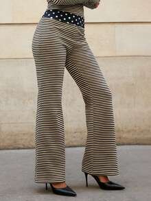 Women's Stripe Fold Over Pants Fashionable Casual Loose Fit Dot Patchwork Bell Bottom - Negro - Ver 4