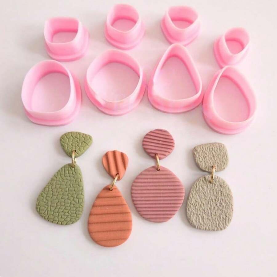 Conjunto de 2/8 Cortadores de Argila Polimérica Texturizados em Formato Oval e de Gota de Vários Tamanhos – Ferramentas Minimalistas Retrô para Artesanato, Ideais para Brincos e Pingentes de Bijuteria DIY - Rosa - Ver 1
