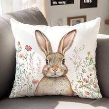 1pc Spring Easter Bunny In Floral Decorative Pillow Cover, Single-Sided Printed Peach Velvet Polyester, 45*45CM/18*18inch Cushion Cover For Room Decor, Modern Minimalist Sofa Living Room Decor Gift - Multicolor - View 6