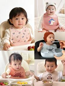 2pcs/1pc Celemek Bayi Silikon, Anti Bocor, Anti Noda, Lembut, Dapat Diatur Ukurannya, Dapat Direbus, Portabel, Motif Geometris, Polka Dot, Hewan Ternak, Bunga Liar, Cocok untuk Penggunaan Sehari-hari dan Bepergian Bayi - MultiWarna - View 4