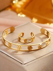 2pcs Simple & Fashionable Stainless Steel Geometric Clover Bangle & Ring Set, And Suitable For Daily Commute Valentines - Rings + Bracelets - View 6