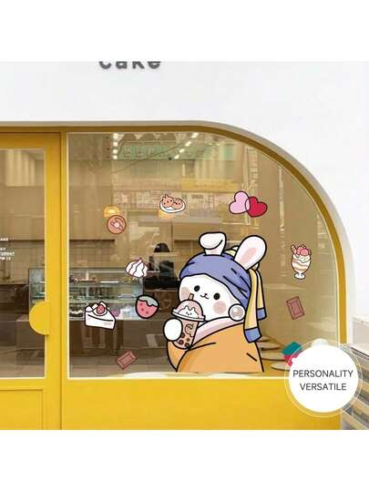 Cute Cartoon Bunny Window Stickers Self Adhesive Removable Anti-Collision Decals For Milk Tea Drink Dessert Bakery Shop Glass Door Decor