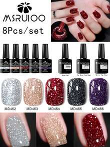 MSRUIOO 8件套反光闪粉凝胶指甲油，激光闪亮混合可卸指甲油，LED美甲油，美甲沙龙，耀眼光泽，闪亮效果，高光泽指甲油，固化指甲油，美甲师，DIY美甲 - 彩色 - 查看 1