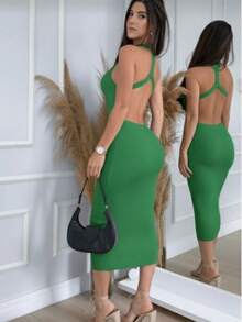 Midi Knit Dress With Crossover Back, Modal Fabric, For Christmas And New Year's. - Bandera Verde - Ver 4