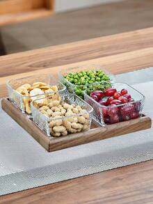 1 Set Japanese Style Walnut Wood Tray, Creative Glass Fruit Plate, Square Covered Snack Plate, Compartment Dried Fruit Plate, Suitable For Living Room, Wedding Party, Birthday, Picnic - Brown - View 5
