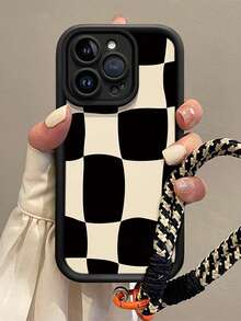 Check Pattern1pc Black & White Plaid Fashion New TPU Soft Black & White Lanyard Phone Case, With Black & White Stylish Lanyard, Suitable Compatible With Apple 17promax/16promax/13/15/16/15proamx/17pro/14/11, Fashionable Black & White Lanyard Phone Protective Case - Black - View 4