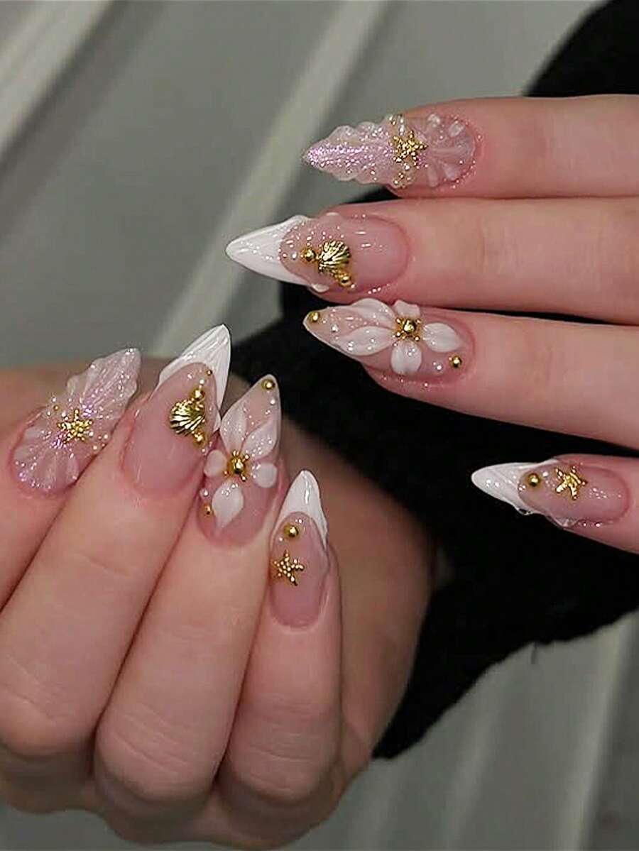 24 piezas de uñas postizas acrílicas francesas con forma de stiletto brillante, de forma de almendra media, decoradas con flores 3D, patrón ondulado, accesorios metálicos y rhinestones, estilo de moda Y2K, adecuadas para uso diario de mujeres y niñas - Multicolor - Ver 1