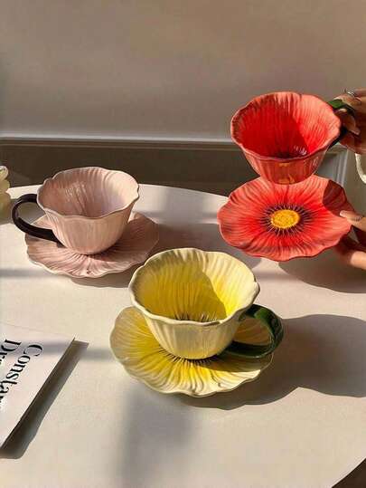 1 Set Floral Ceramic Coffee Cup & Saucer Set, Home/Cafe Latte Cup & Saucer Set, Afternoon Tea Cup, Gift