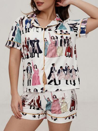 2 piezas Conjunto de pijama de pantalón corto y blusa de manga corta con estampado del musical Hamilton para mujer, blusa de punto cómoda con cuello, pantalón elástico y transpirable, adecuado para todas las estaciones como ropa de estar en casa