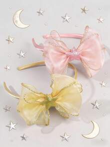 2件装优雅薄纱蝴蝶结发箍，星形装饰蝴蝶结发带，闪亮粉色和金色发箍，可爱发饰，适合作为女孩礼物，也适合婚礼、生日、新年、情人节等场合。 - 彩色 - 查看 2