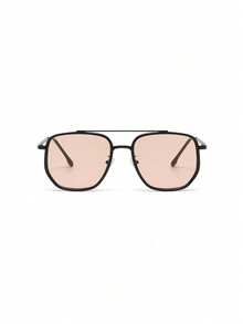 1pc Retro Square Frame Double Bridge Women's Glasses, Fashionable High-End Street Style Eyewear - Black-framed Tea Powder Sheet - View 4