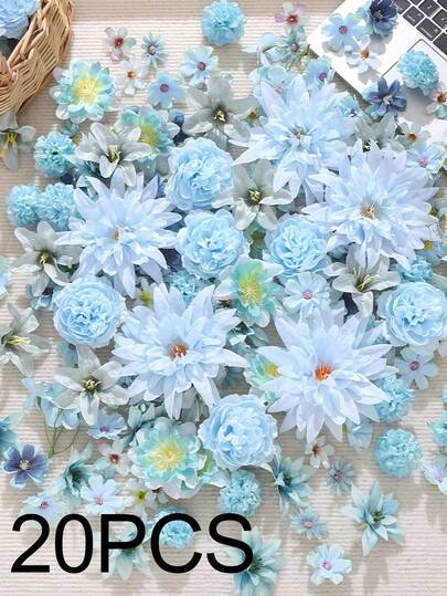 20/40支装蓝色组合人造花材包装 - 人造花，逼真花朵，可用于DIY手工头饰、花环制作、婚礼花材等。适用于制作花环、节日和生日派对装饰、新娘手捧花等，也可用于家庭、花店、花园装饰、母亲节装饰等，全年皆可使用。
