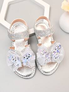 2026 New Girls Summer Sandals, Silver Glitter Bow Soft Bottom Non-Slip Hook And Loop Toddler Princess Open Toe Sandals - Silver - View 3