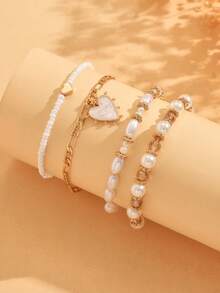 4件套时尚手工串珠手链套装，珍珠设计，心形吊坠，多层波西米亚风首饰，适合女性日常佩戴 - 白色 - 查看 3