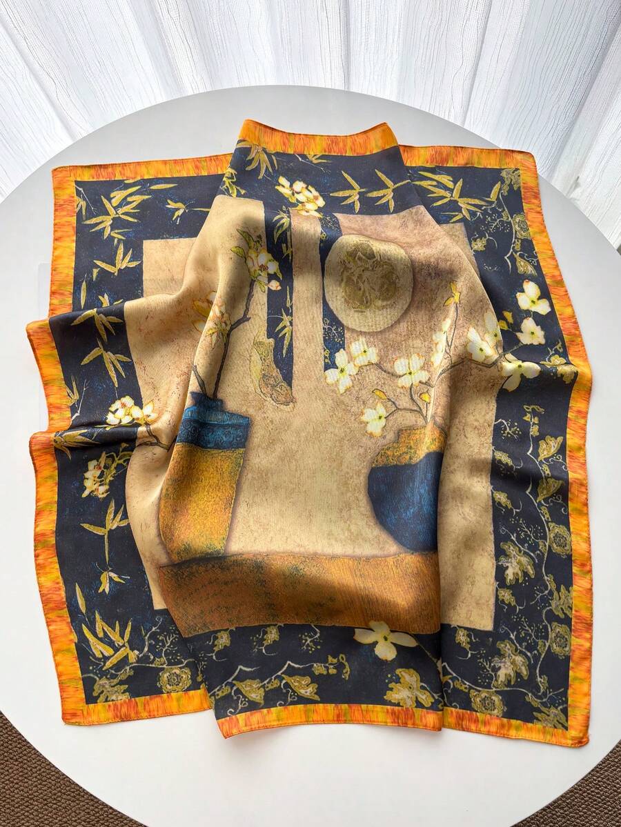 1 pieza Elegante y versátil pañuelo de seda sintética con estampado floral de iris púrpura, pañuelo para la cabeza - Multicolor - Ver 1