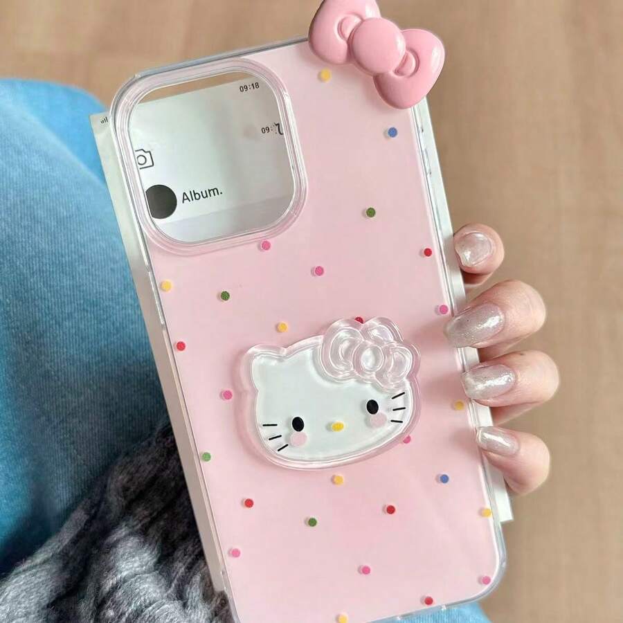 SANRIO 1 chiếc ốp lưng điện thoại thời trang sáng tạo, chất liệu chống nước, chống sốc, hình đầu mèo 3D, trang trí nơ, phong cách hoạt hình, tự làm thủ công, chấm bi, lấp lánh, hình mèo dễ thương, tương thích với Apple Series 17, 11/12/12 Pro, 13/14/15, 13 Pro/14 Pro/15 Pro, 12 Pro Max/13 Pro Max/14 Pro Max/15 Pro Max, 16, 16 Pro, 16 Pro Max, 17, 17 Pro, 17 Pro Max (Trang trí nơ dưới khung viền ống kính cho 17 Pro và 17 Pro Max) - Hồng - Xem 1