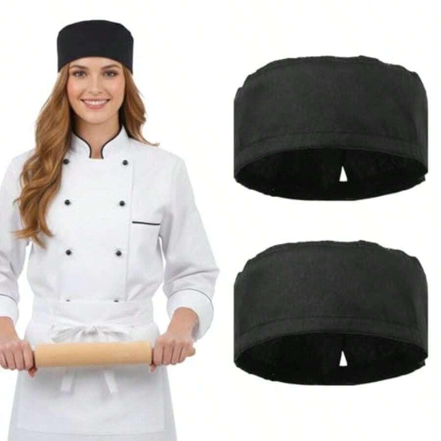 2 Pack Black Chef Skull Cap Unisex Chef Hats Adjustable Kitchen Cooking Caps With Breathable Mesh Top Black Extra Large Size For Men And Women - như hình ảnh - Xem 1
