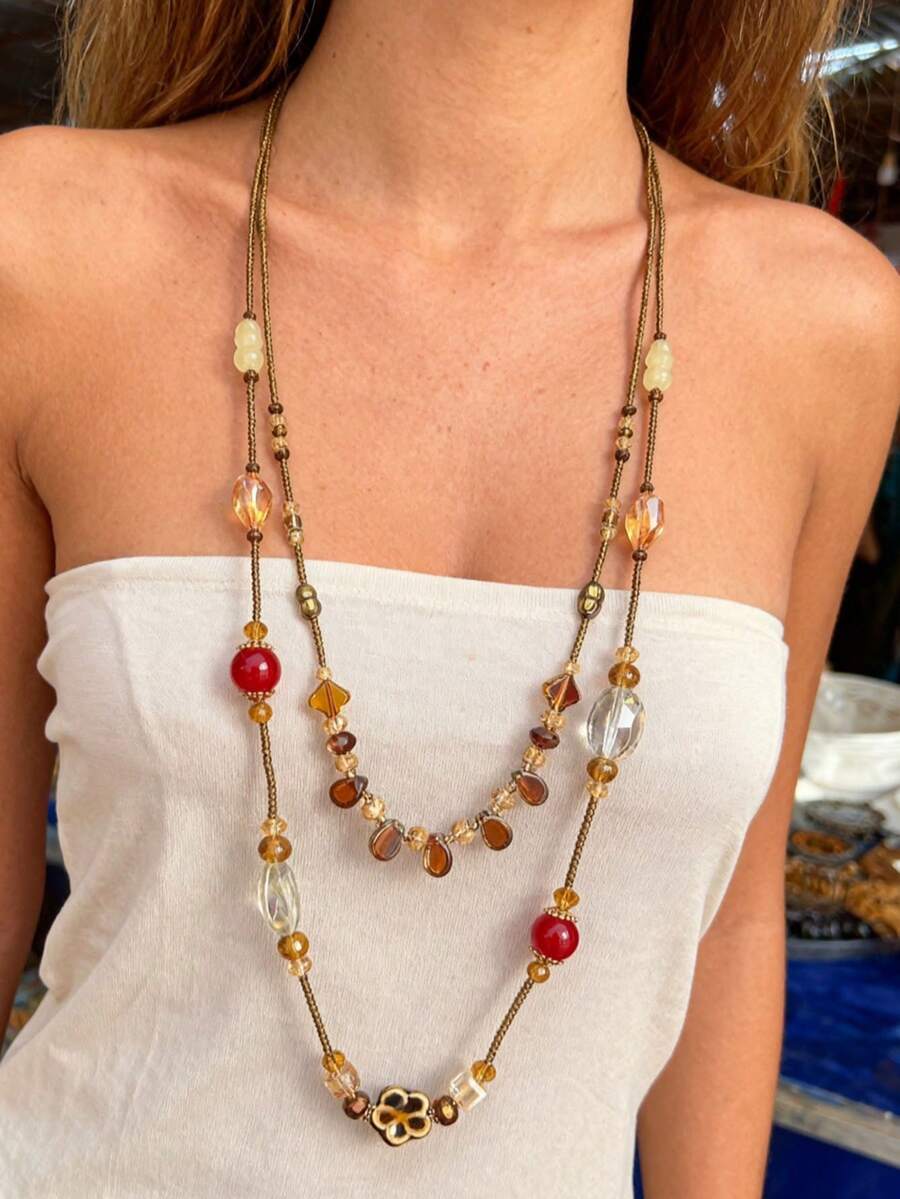 1件复古陶瓷花瓣水晶水滴串珠长项链，适合秋冬季佩戴 - 彩色 - 查看 1
