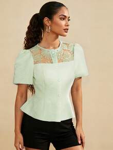 1pc Amyenjoylife Modern Filipiniana Blouse, Peplum Floral Print Butterfly Sleeve Filipiniana Button Front Cutout Women Short Sleeve Shirt Top, Suitable For Holiday, Daily, Date, Travel, Spring/Summer - Mint Green - View 5