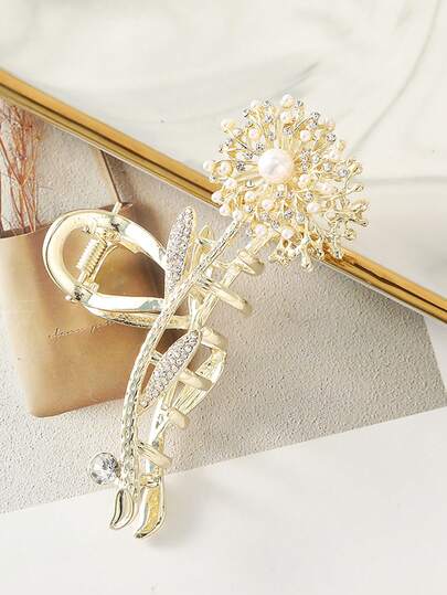1Pc Metal Dandelion Shaped Hair Claws Clips With Rhinestone Faux Pearls Decor, Strong Hold Hair Clips For Thick Hair Ponytail Holder Hairgrip (Golden)
