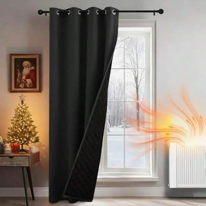 PONY DANCE Thermal Insulated Blackout Door Curtain 2-Layers Cold Insulated 100% Blackout Curtain For Winter Heavy Duty Windproof Thick Panel For Living Room/French Door 52x90 Inches Black