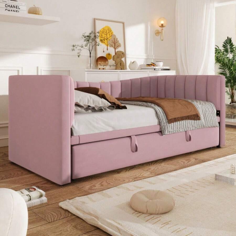 Daybett, 90 X 200 Cm (180 X 200 Cm) Polsterbett Mit Ziehbett, Sofabett, Einzelbett, Doppelbett (Ohne Matratze), Samt, Minimalist Style, Rosa - Pink - View 1