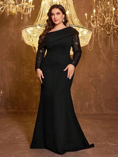 UNITHORSE Plus Size Women Elegant Ruched Foldover Asymmetrical Shoulder Sequin Mesh Sheer Long Sleeve Fishtail Hem Formal & Evening Dress