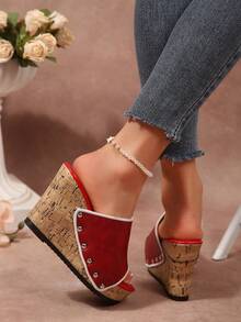 大码女式铆钉露趾厚底坡跟凉鞋，圆头夏季户外厚底凉鞋 - 紅色 - 查看 3