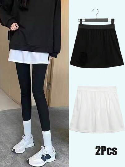 2pieces/1piece-Bottoming Skirt, Hip-Covering Short Skirt, Inner Wear, Layered, Hem Sweatshirt, Bottom Wear, Layered, Anti-Exposure, Half-Length Butt Curtain, Women's Inner Wear, Solid Color, Slit, Flat Edge Style, Lining, Half-Length, Petticoat, Waist Skirt, Belt.