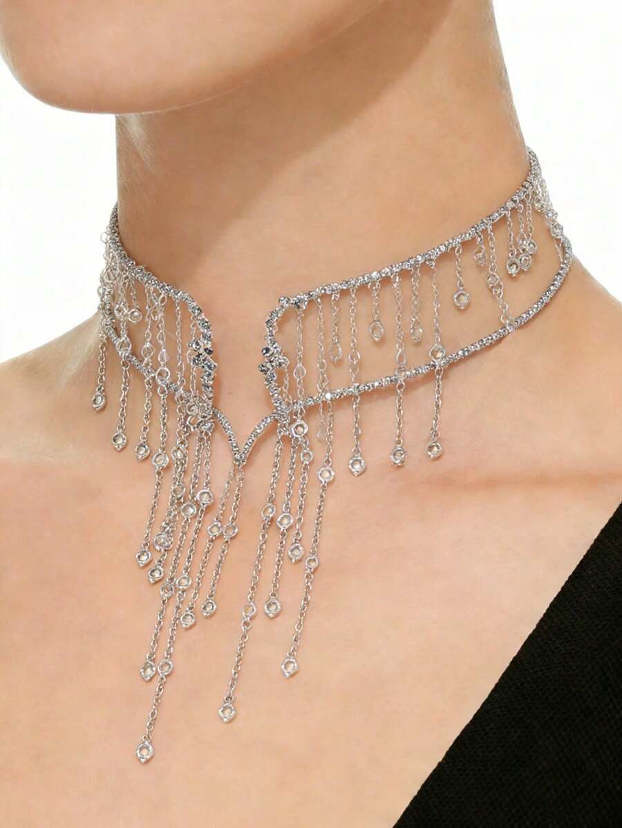 1件装时尚流苏项链，女士优雅水钻颈链，适合派对和晚宴佩戴 - 查看 1