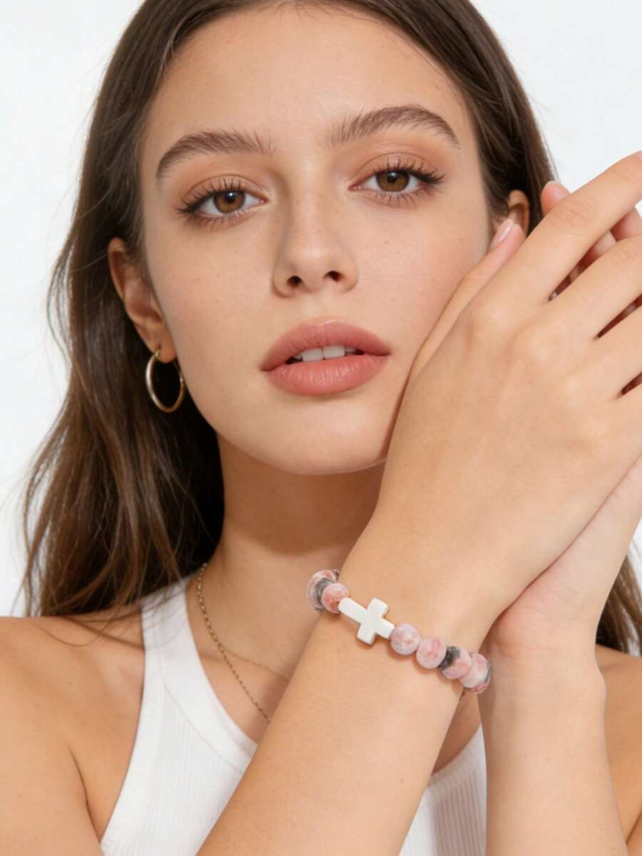 8mm Agate Cross Beaded Bracelet, Volcanic Stone, Yellow Tiger Eye, Turquoise Beaded Bracelet, Religious Unisex Jewelry - Bracelet - View 1