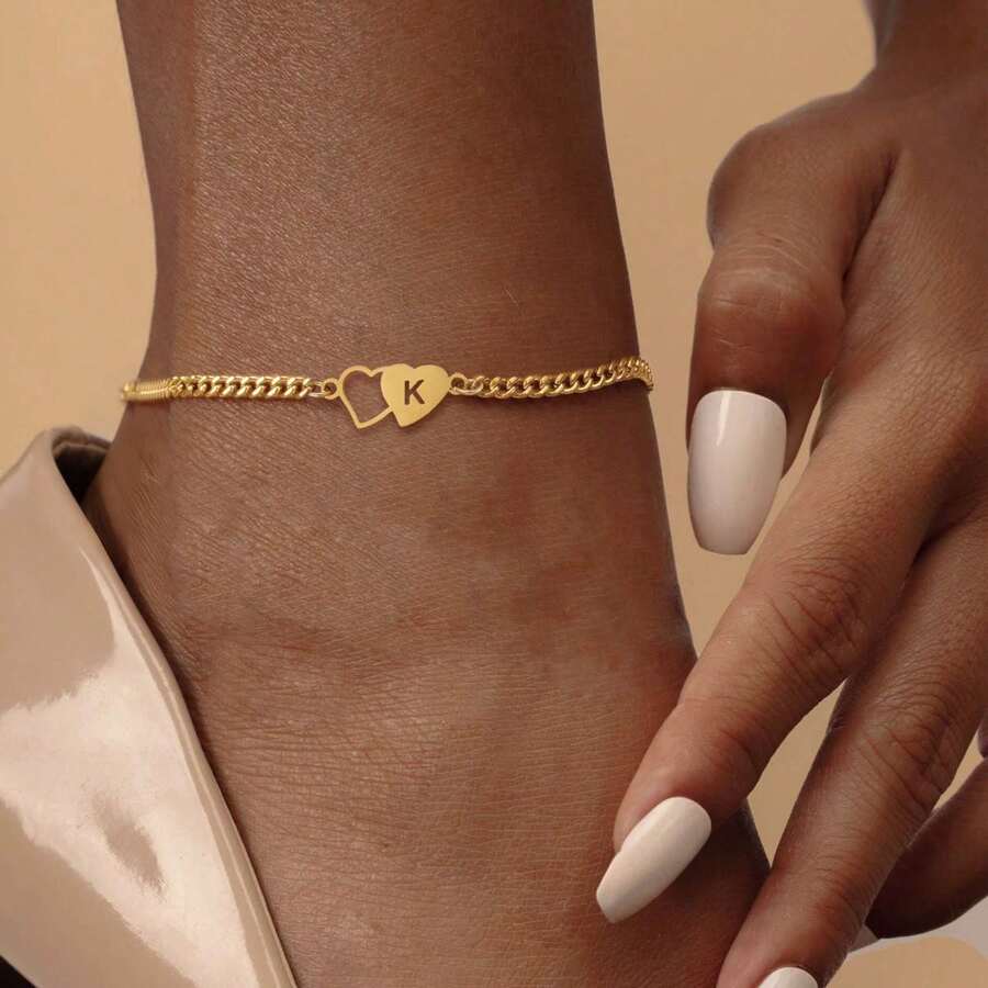 1pc Classic Hollow Double Heart & Letter Design Gold Stainless Steel Chain Anklet, Women - Golden Double Heart Hollow Letter - View 1
