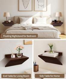 2Pcs Floating Nightstand, Modern Wood Floating Bedside Table Z-Shape Wall Mounted Nightstand Small Hanging Night Stands For Bedroom  Dark Cherry - 棕色 - 查看 4