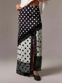 Women's Summer Long Satin Skirt Polka Dot Lace Trim High Waist Split Hem Outdoor Date Photography Streetwear - 彩色 - 查看 1