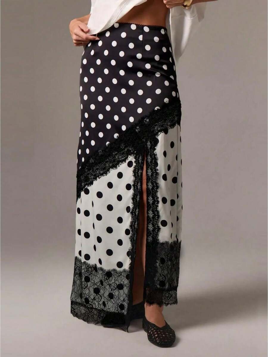 Women's Summer Long Satin Skirt Polka Dot Lace Trim High Waist Split Hem Outdoor Date Photography Streetwear - 彩色 - 查看 1