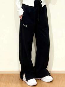 Nike Women's Comfortable Lace-Up Sports Casual Straight Wide-Leg Trousers - Black - View 3